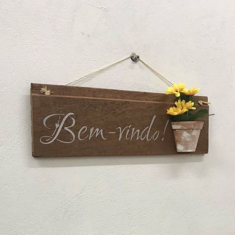 Plaquinha Decorativa Bem Vindos Vaso Barro Madeira Girassol