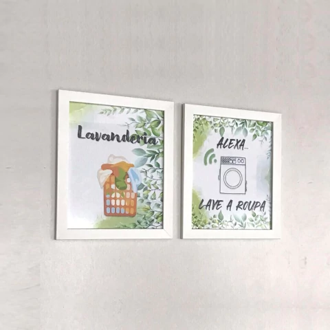 Quadros Decorativos Lavanderia Alexa Folhas Moldura Branca