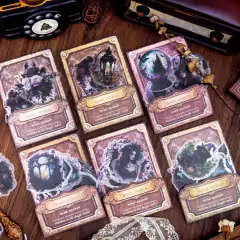 Packs de 30 stickers de PET con ilustraciones del mundo mágico, incluyendo elementos como faroles y paisajes encantados.