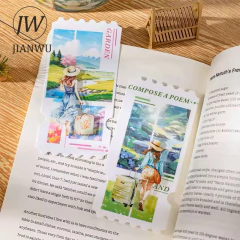 Cinta decorativa PET XXL con diseño de ventana y mujer con sombrero y valija en paisaje natural, aplicada sobre página de libro abierto