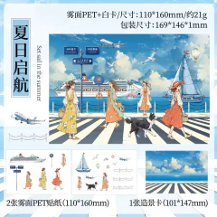 Ilustración de set de papelería Holiday Landscape con diseño veraniego, incluye mujeres caminando frente a un muelle con crucero, avión, velero, perro y cielo azul con nubes