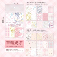 Set de 30 papeles decorativos Cream Letter Series con diseños variados en tonos pastel, presentados en dos tipos de papel: light paper y sulfate paper, cada uno con 15 hojas de 100x140 mm.