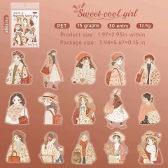 Pack de 30 stickers PET Romance Spring Day con ilustraciones de chicas en estilo romántico y primavera, con ropa y accesorios de tonos cálidos y detalles delicados