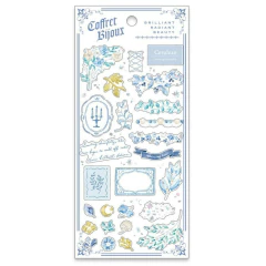 Plancha de stickers Coffret Bijoux con diseños de flores, hojas y marcos en tonos azules y dorados