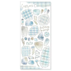 Plancha de stickers con diseños acuarelados en tonos azules y beige, con patrones de cuadros y flores pequeñas