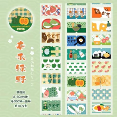 Rollo de stickers tipo washi decorativos con motivos tradicionales y alimentos variados en tonos verdes y naranjas, diseño en estilo Old times Wabi Sabi