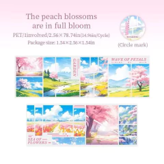 Cinta decorativa XXL PET con diseños de paisajes florales y cielo azul, incluyendo flores de durazno en plena floración y campos de flores variadas.