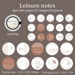 Lata metálica circular con 50 papeles decorativos redondos para journaling con diseño vintage y tipografías variadas