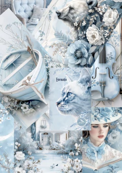 Papeles en tonos azules con ilustraciones de un oso polar, un gato, un violín, un bote, flores y una mujer leyendo un libro