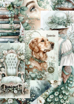 Varios papeles con ilustraciones en tonos pastel de un perro golden retriever, una mujer con sombrero, un sillón antiguo, un pavo real, libros y flores decorativas