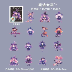 Pack de 15 stickers de papel con ilustraciones de pequeñas brujas en estilo kawaii, con colores predominantes en tonos morados y detalles de sombreros y escobas