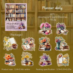 Pack de 20 stickers con ilustraciones de libros, tazas de café y flores en estilo acuarela
