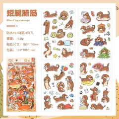 Pack de 4 planchas de stickers PET con ilustraciones de perros salchicha en diferentes poses y situaciones divertidas
