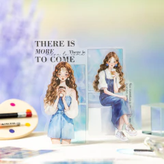 Stickers de chica con cabello largo y rizado, sosteniendo un vaso, uno de pie y otro sentado, con fondo azul y texto en inglés