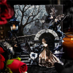 Sticker de papel estilo gótico con una mujer vestida de época frente a una escalinata antigua y faroles iluminados, rodeada de flores negras y mariposas oscuras