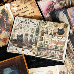 Libro abierto de papeles decorativos Wizard World con ilustraciones vintage de frascos, aceites mágicos y un gato negro