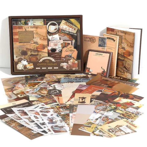 Set de journaling Mark of time Simno con cuaderno tamaño A6 y papeles decorativos con temática de café