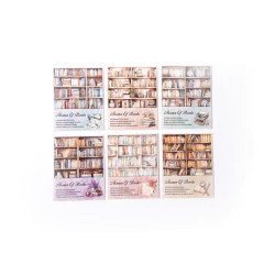 Seis stickers con ilustraciones de estantes llenos de libros y textos decorativos en tonos cálidos y neutros