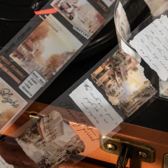 Cinta decorativa PET con diseños vintage de paisajes urbanos y textos manuscritos en tonos sepia y beige