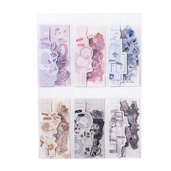 Pack de 10 stickers decorativos PET Love con diseños mixtos en tonos lilas, rosas, azules, beige, negro y gris, presentados en seis paquetes transparentes.