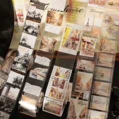 Cintas decorativas PET Gramophone Series de 40mm x 2m con diseños vintage de ciudades, paisajes y textos en tonos sepia y blanco y negro