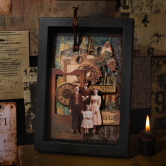 Set de papelería vintage DIY con recortes de fotos antiguas y elementos decorativos enmarcados