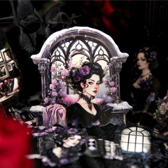 Sticker de papel con ilustración gótica de mujer con vestido negro, flores moradas y fondo de ventana gótica con rosas