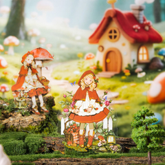 Stickers de cuento de hadas con niña vestida de capa roja en un bosque mágico con casa de madera y setas