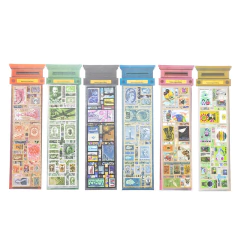 Pack de 5 planchas de stickers con diseños de sellos postales vintage y variados, cada plancha con diferente color de encabezado y múltiples estampillas ilustrativas