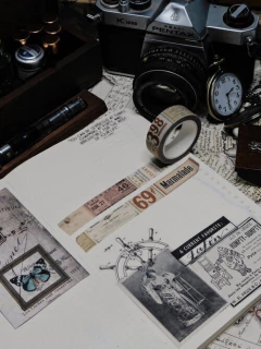 Cintas washi decorativas con letras y números, en foto ambientada con cámara vintage, reloj de bolsillo y pluma sobre mesa
