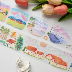 Cintas decorativas PET con ilustraciones acuareladas de paisajes, casas, playa y naturaleza junto a flores tulipanes