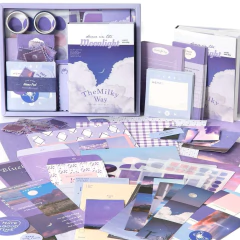 Set de journaling Warm Mail Simno con cuaderno A6 y papeles decorativos en tonos azules, violetas y lilas, incluye washi tapes, notas adhesivas y tarjetas temáticas