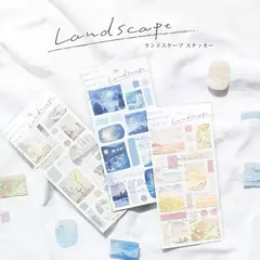 Plancha de stickers Landscape con diseños artísticos de paisajes en tonos azules, beige y rosas sobre fondo blanco