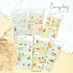 Seis planchas de stickers Easy day con ilustraciones variadas de personas y objetos