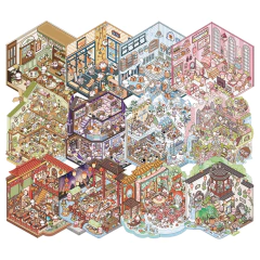 Ilustración isométrica en 3D de diez habitaciones temáticas detalladas con personajes y objetos en estilo sticker, mostrando escenas de café, música, cocina, dormitorio, biblioteca, invierno, jardín, y templos asiáticos.