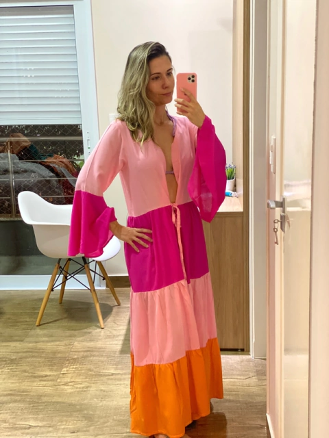 Saída de Praia Três Cores- rosa, pink e laranja