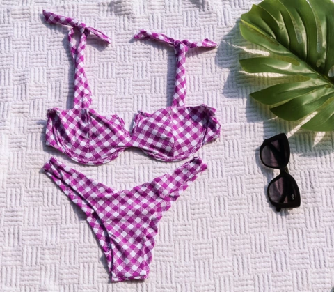 Conjunto Maldivas Xadrez - Top Laço com Aro e Calcinha Asa delta