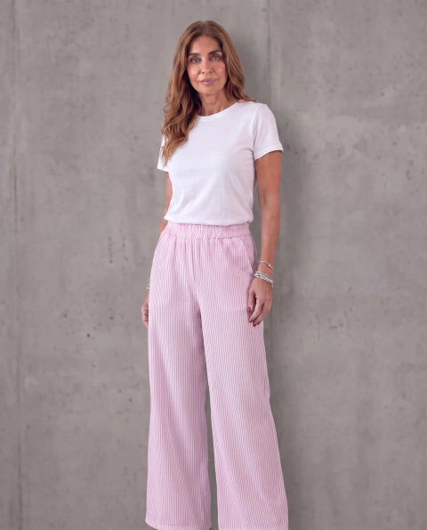 Pantalón de lino rayado con elastico en cintura y bolsillos para mujer - Faustina Mujer