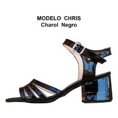 Sandalias de 5 cm de Taco Modelo Chris, Tiritas en empeine y hebilla en talón en Charol Negro 41 al 45 - comprar online