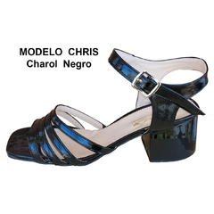 Imagen de Sandalias de 5 cm de Taco Modelo Chris, Tiritas en empeine y hebilla en talón en Charol Negro 41 al 45