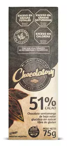 CHOCOLATORY TABLETA SEMIAMARGA SIN AZUCAR 51% x 75 g - comprar online