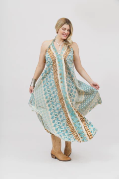 Vestido Largo Seda Estampado Beige, Camel y Turquesa - Betiana Bertolino