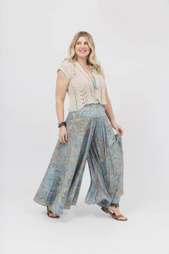 Pollera Pantalon Estampado Pasley en Celestes, Turquesas y Dorados - Betiana Bertolino