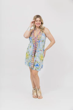 Vestido Corto de Tirantes Seda Estampada Turquesa