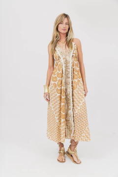 Vestido Largo Seda Estampado Crudo y Camel - Betiana Bertolino