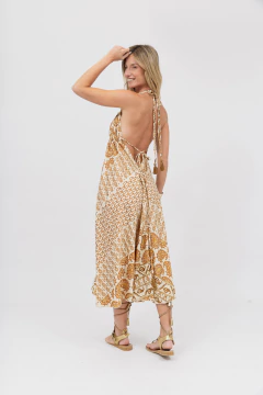 Vestido Largo Seda Estampado Crudo y Camel - Betiana Bertolino