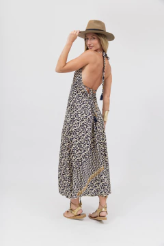 Vestido Largo Seda Estampado Beige y Azul - Betiana Bertolino