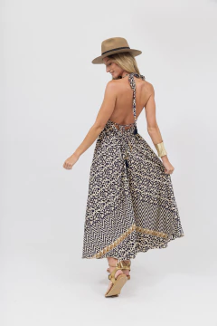 Imagen de Vestido Largo Seda Estampado Beige y Azul