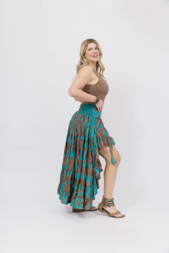 Pollera de Seda Asimetrica Regulable Estampado Marron y Turquesa - Betiana Bertolino