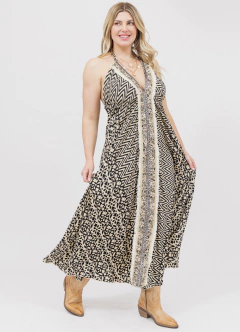 Vestido Largo Seda Estampado Beige y Negro - comprar online